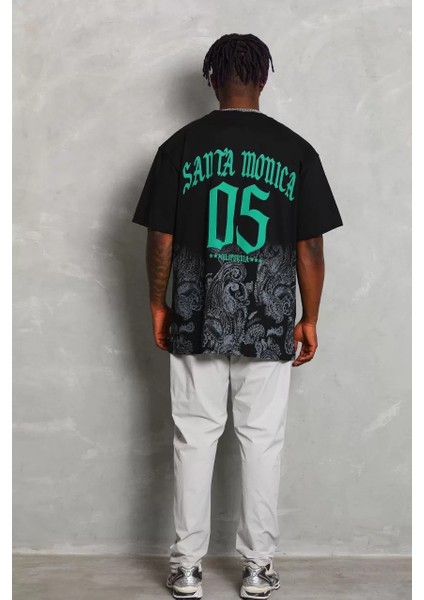 Unisex Oversize Baskılı Bisiklet Yaka T-Shirt - Siyah fırsatları