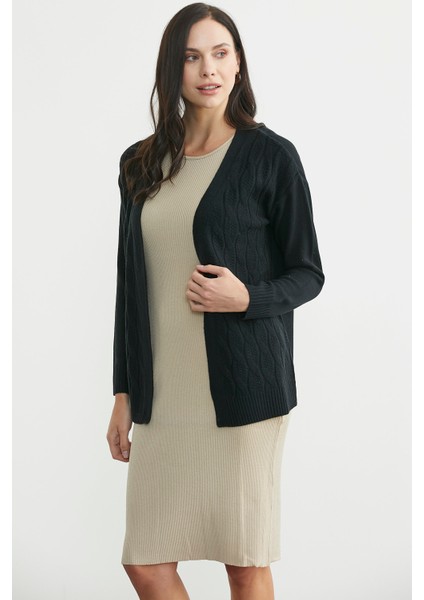 Saç Örgülü Rahat Kalıp Triko Hırka - Siyah fırsatları