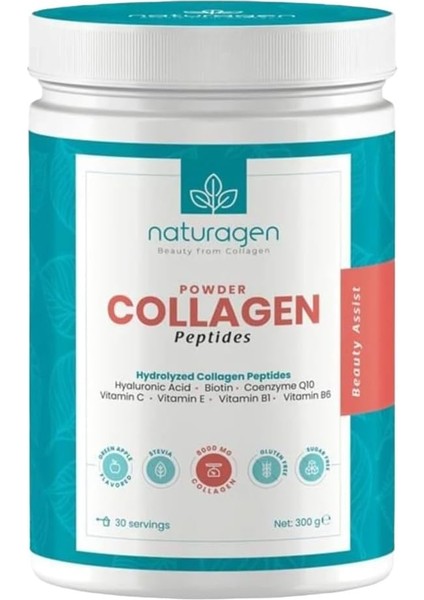 Naturagen Kolajen Tozu - Yeşil Elma Aromalı 300 gr | Collagen Powder (Tip 1,tip 3 8.000 Mg Collagen, Hyaluronik Asit, Vitamin C, Coenzyme Q10) | Helal Kolajen Tip 1 3 | 1 Aylık Kullanım
