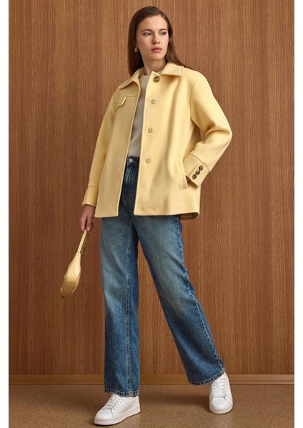 Gömlek Yaka Kuşak Detaylı Oversize Kısa Kaban SARI 3155