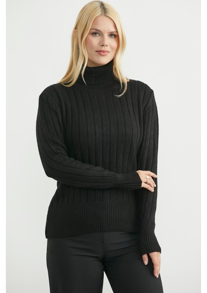 Tam Balıkçı Kalın Fitilli Triko Kazak - Siyah fırsatları