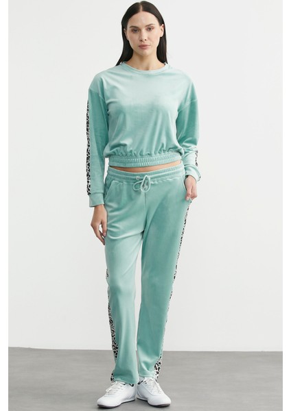 Leopar Kombinli Kadife Eşofman Takım - Mint