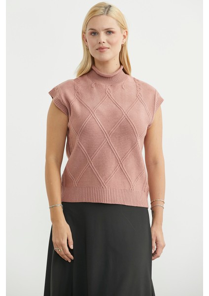 Dik Yaka Kolsuz Triko Süveter - Gül