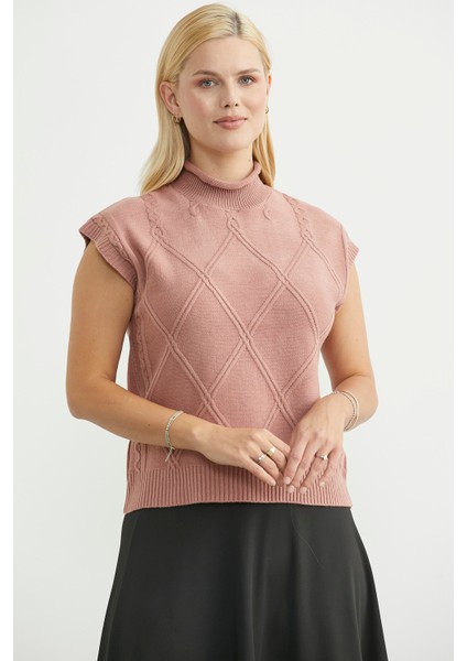 Dik Yaka Kolsuz Triko Süveter - Gül fiyatları