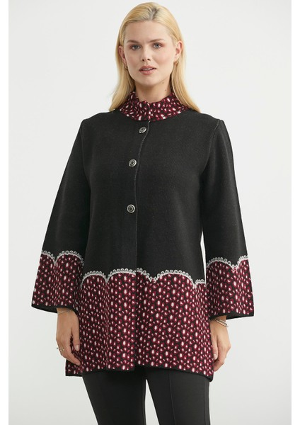 Dik Yaka Düğmeli Uzun Triko Hırka - Siyah