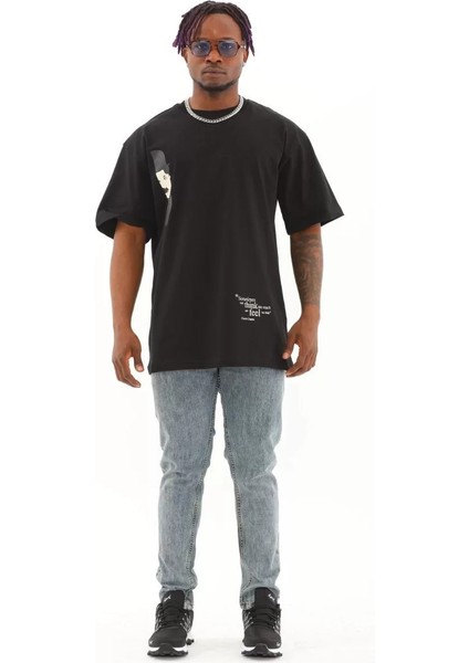 Unisex Oversize Baskılı Bisiklet Yaka T-Shirt - Siyah fırsatları