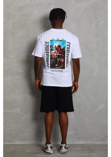 Unisex Oversize Baskılı Bisiklet Yaka T-Shirt - Beyaz fırsatları