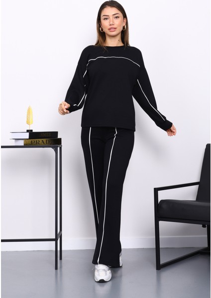 Siyah Biye Detaylı Sweat Pantolonlu Takım