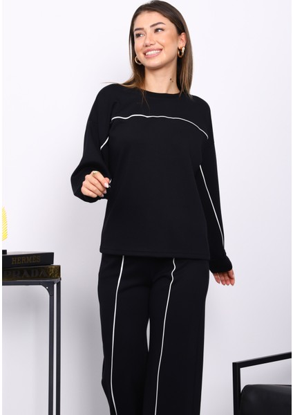 Siyah Biye Detaylı Sweat Pantolonlu Takım modelleri