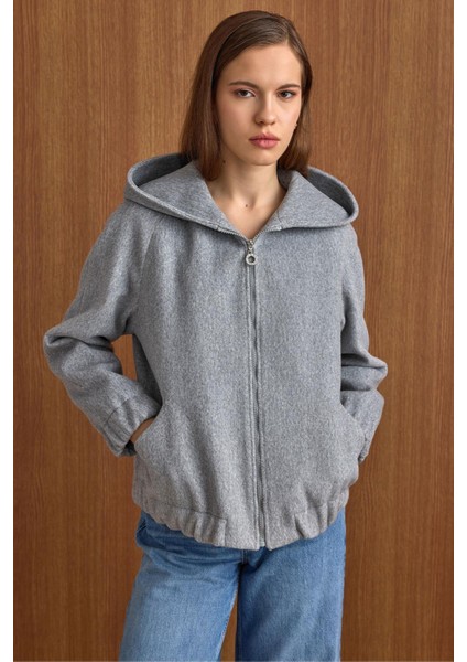 Kapüşonlu Beli Lastikli Oversize Kısa Kaban AÇIK GRİ 3162