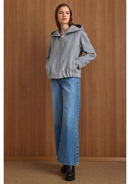 Kapüşonlu Beli Lastikli Oversize Kısa Kaban AÇIK GRİ 3162