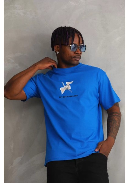 Unisex Baskılı Oversize T-Shirt - Mavi indirimleri