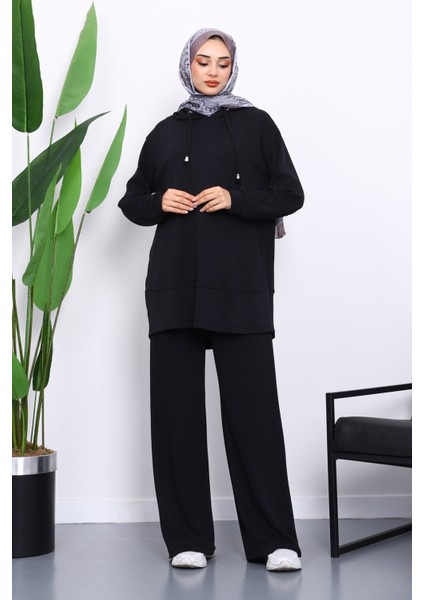 Siyah Kapşonlu Tunik Pantolonlu Takım