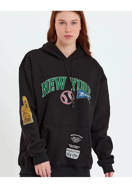 Siyah Kadın Baskılı Kapüşonlu Sweatshirt