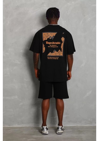 Unisex Oversize Baskılı Bisiklet Yaka T-Shirt - Siyah modelleri