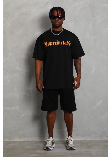 Unisex Oversize Baskılı Bisiklet Yaka T-Shirt - Siyah fırsatları