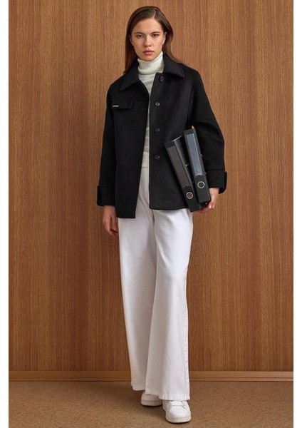 Gömlek Yaka Kuşak Detaylı Oversize Kısa Kaban SİYAH 3155