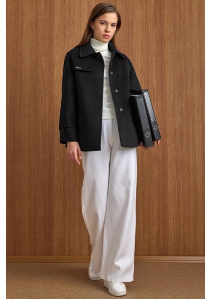 Gömlek Yaka Kuşak Detaylı Oversize Kısa Kaban SİYAH 3155