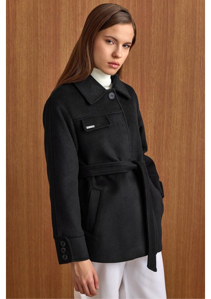 Gömlek Yaka Kuşak Detaylı Oversize Kısa Kaban SİYAH 3155