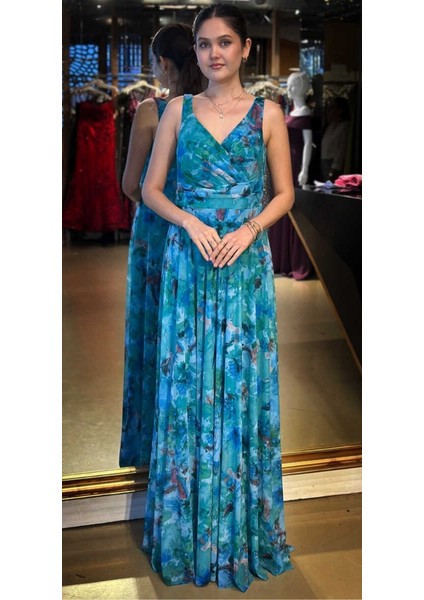 Turkuaz Kalın Askı Kloş Etekli Desenli Tül Uzun Abiye Elbise 7594