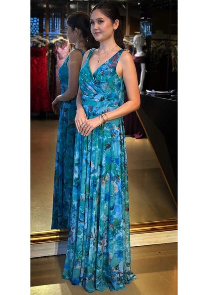 Turkuaz Kalın Askı Kloş Etekli Desenli Tül Uzun Abiye Elbise 7594 fiyatları