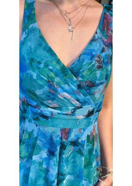 Turkuaz Kalın Askı Kloş Etekli Desenli Tül Uzun Abiye Elbise 7594 modelleri