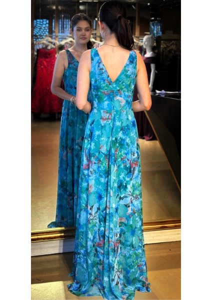 Turkuaz Kalın Askı Kloş Etekli Desenli Tül Uzun Abiye Elbise 7594 fırsatları