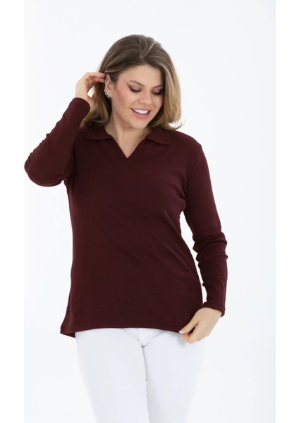 Curve Büyük Beden Pamuklu Likralı V Yaka Basic Düz Uzun Kol Bordo Bluz