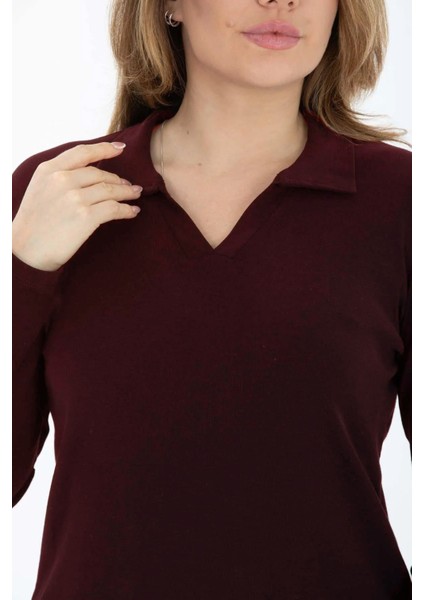 Curve Büyük Beden Pamuklu Likralı V Yaka Basic Düz Uzun Kol Bordo Bluz fiyatları