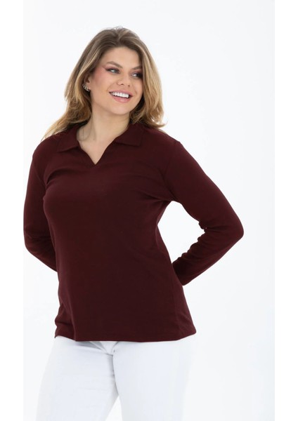 Curve Büyük Beden Pamuklu Likralı V Yaka Basic Düz Uzun Kol Bordo Bluz fırsatları