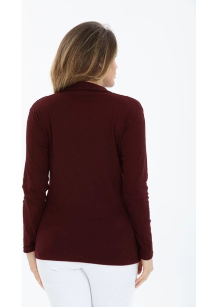 Curve Büyük Beden Pamuklu Likralı V Yaka Basic Düz Uzun Kol Bordo Bluz