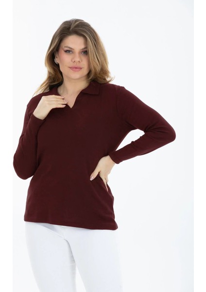 Curve Büyük Beden Pamuklu Likralı V Yaka Basic Düz Uzun Kol Bordo Bluz
