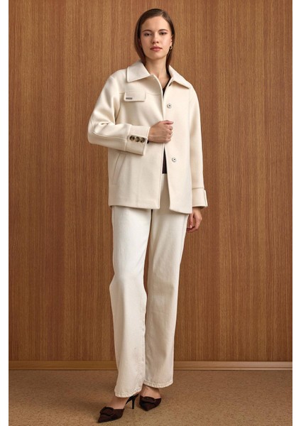 Gömlek Yaka Kuşak Detaylı Oversize Kısa Kaban EKRU 3155