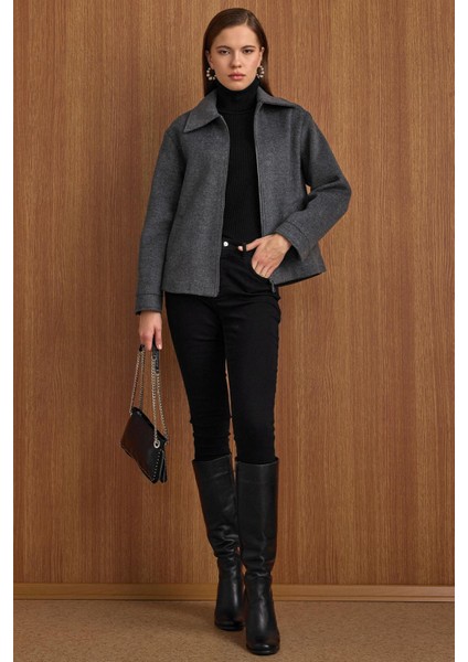 Fermuar Kapamalı Oversize Kısa Kaban KOYU GRİ 3157