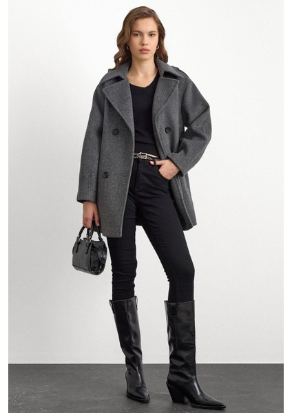 Apolet Detaylı Oversize Kısa Kaban KOYU GRİ 3149