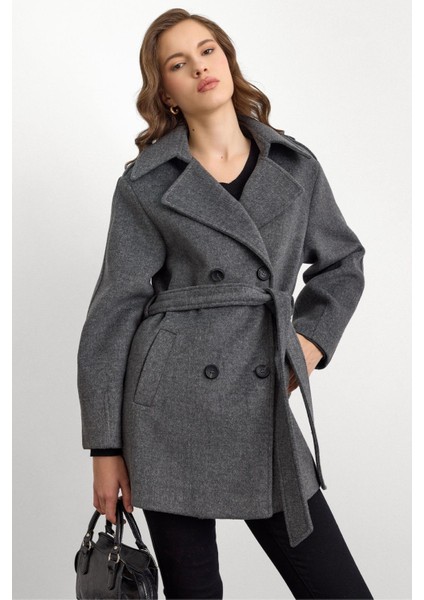 Apolet Detaylı Oversize Kısa Kaban KOYU GRİ 3149