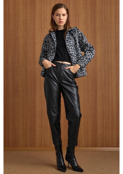Kapüşonlu Beli Lastikli Oversize Leopar Desenli Kısa Kaban GRİ 3162-L
