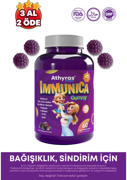 Immunica Gummy Kolostrum, Beta Glukan Kara Mürver, Prebiyotik İçeren 60 Çiğnenebilir Form