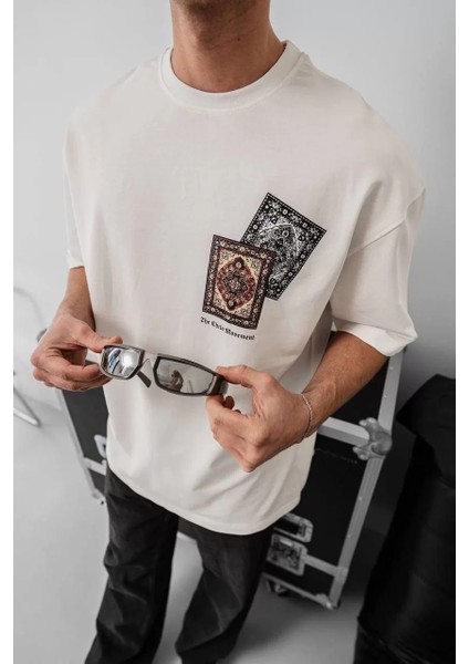 Erkek Baskılı Oversize T-Shirt - Beyaz modelleri