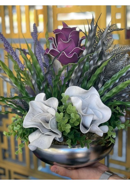 Yapay Çiçek Aranjmanlı Gümüş Vazo modelleri