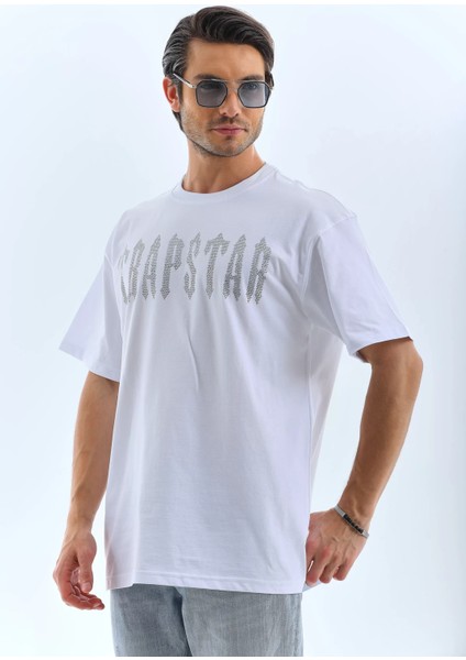 Unisex Oversize Taşlı Bisiklet Yaka T-Shirt - Beyaz indirimleri