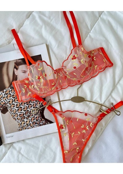 Turuncu Çiçekli Transparan Sütyen Takımı