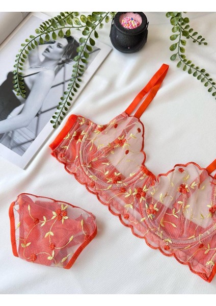Turuncu Çiçekli Transparan Sütyen Takımı fiyatları