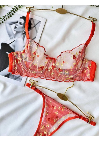 Turuncu Çiçekli Transparan Sütyen Takımı modelleri