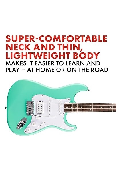 By Fender Debut Collection Hss Stratocaster Elektro Gitar, Laurel Klavye, Beyaz Vuruş Tahtası, Deniz Köpüğü Yeşili modelleri