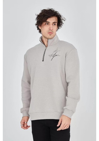 Erkek Yarım Fermuarlı Baskılı Sweat - Boyalı Gri indirimleri