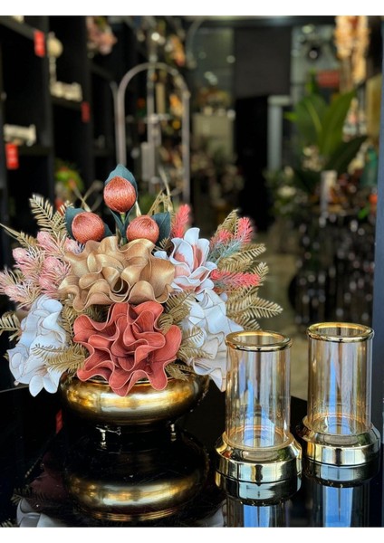 Yapay Çiçekli Gold Yassı Vazo 3 Parça Set No:14