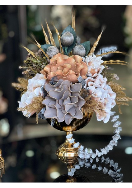 Yapay Çiçekli Gold Yuvarlak Vazo No:3