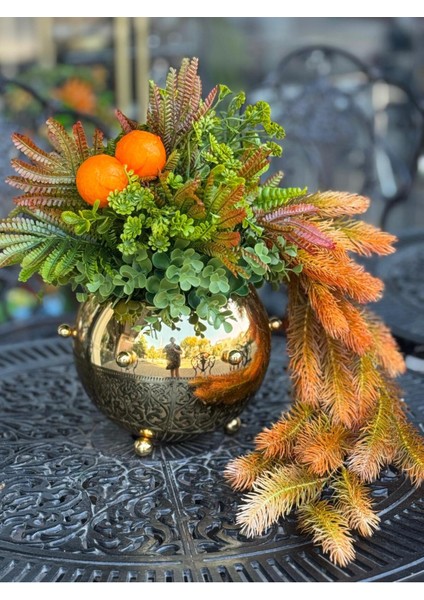 Yapay Çiçek Tanzimli Gold Zımbalı Vazo