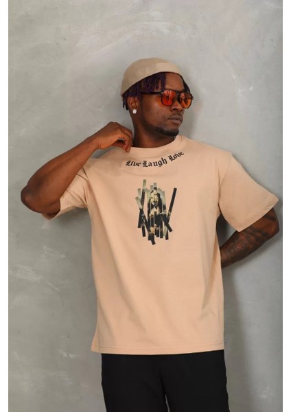 Unisex Oversize Baskılı Bisiklet Yaka T-Shirt - Bej modelleri
